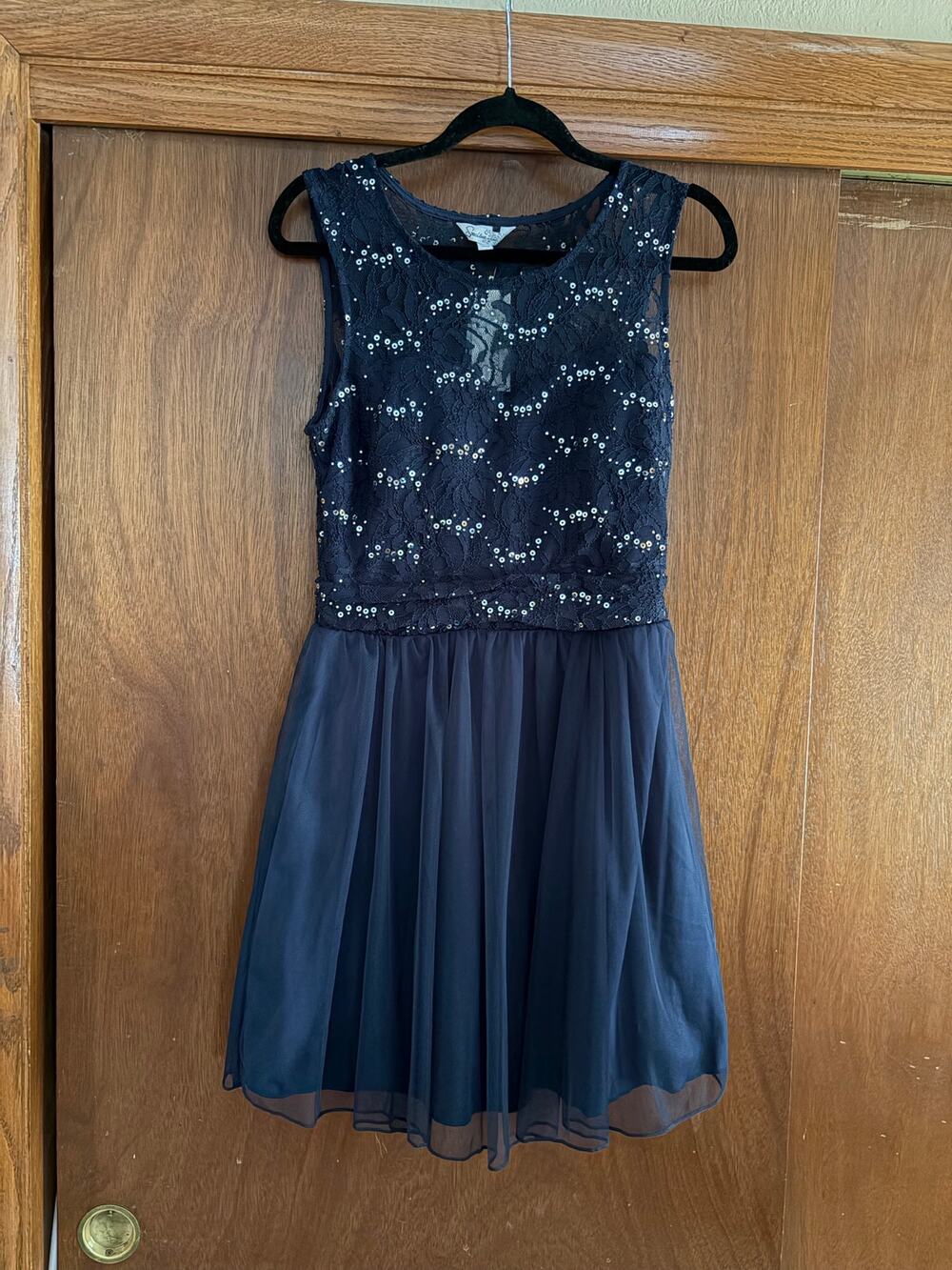 Speechless Sequin Lace Chiffon Fit Flare Party Dress Midnight Blue Size 11 NWT